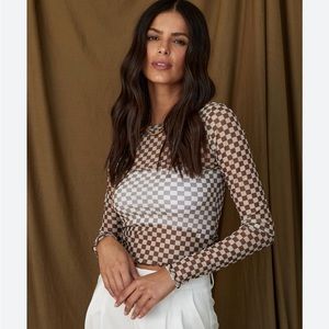 12th Tribe Brown Checkered Mesh Top
